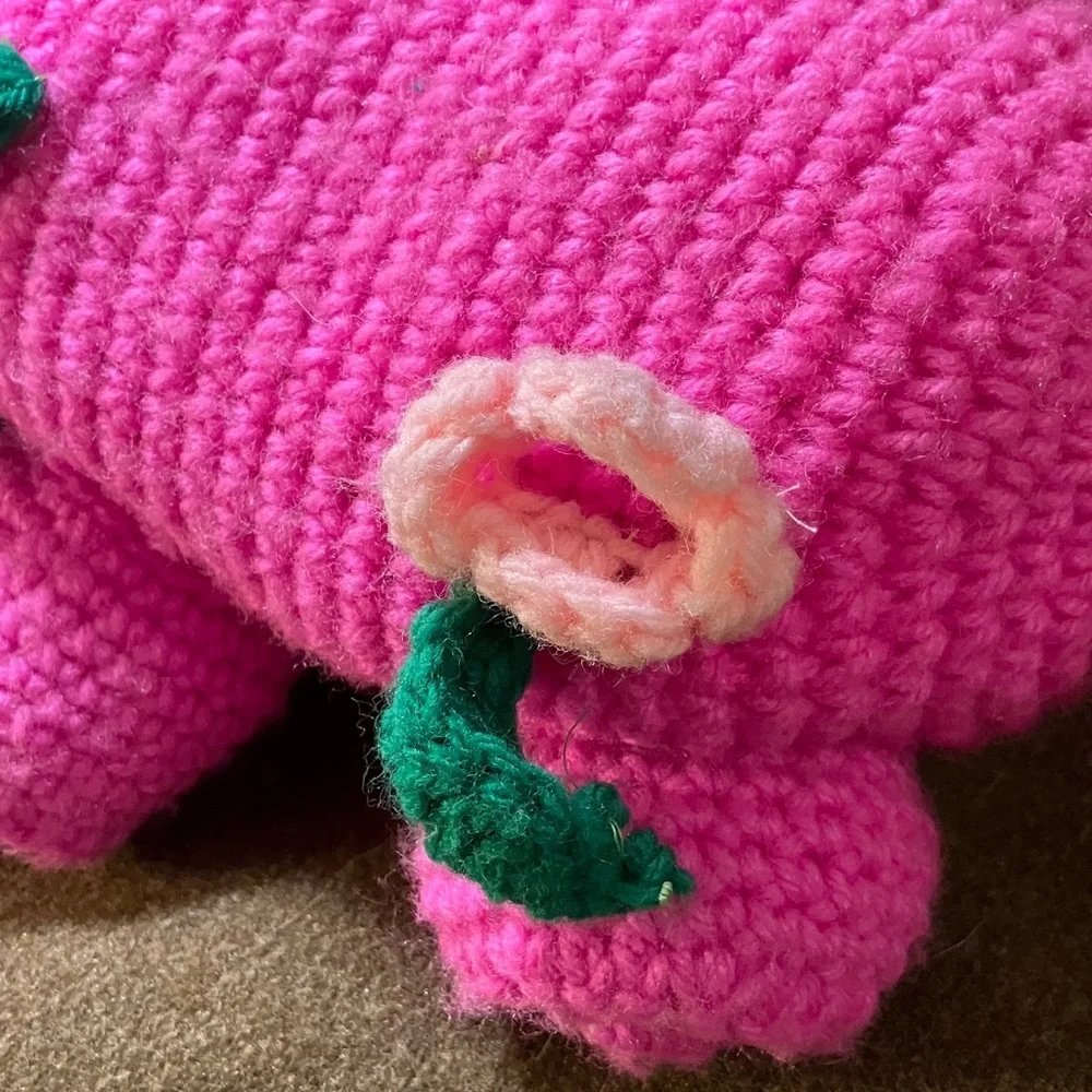 Hand knit bubblegum Pink pig with google eyes